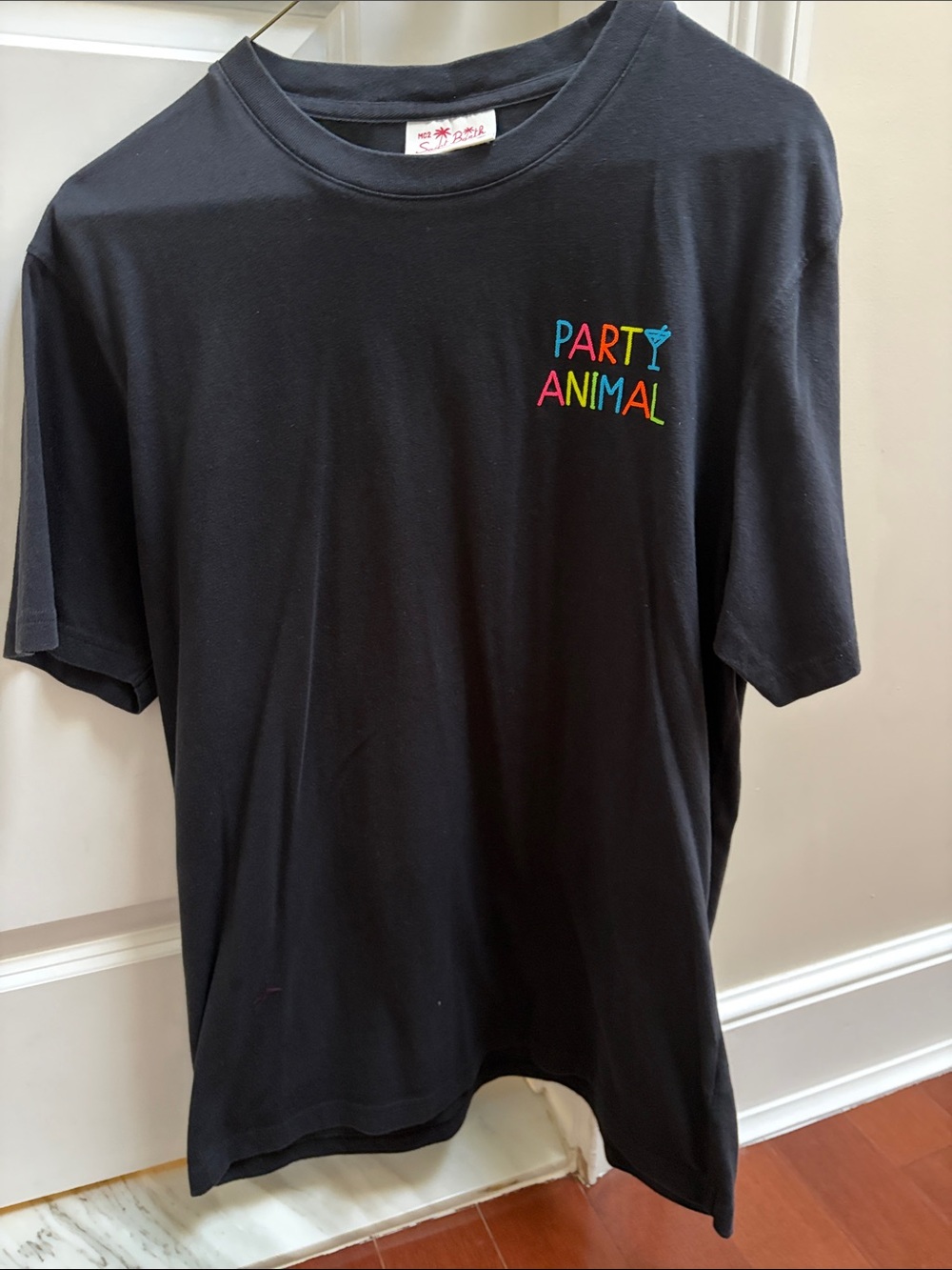 MC2 Saint Barth Black Tee with Multicolor 'Party Animal' Embroidery